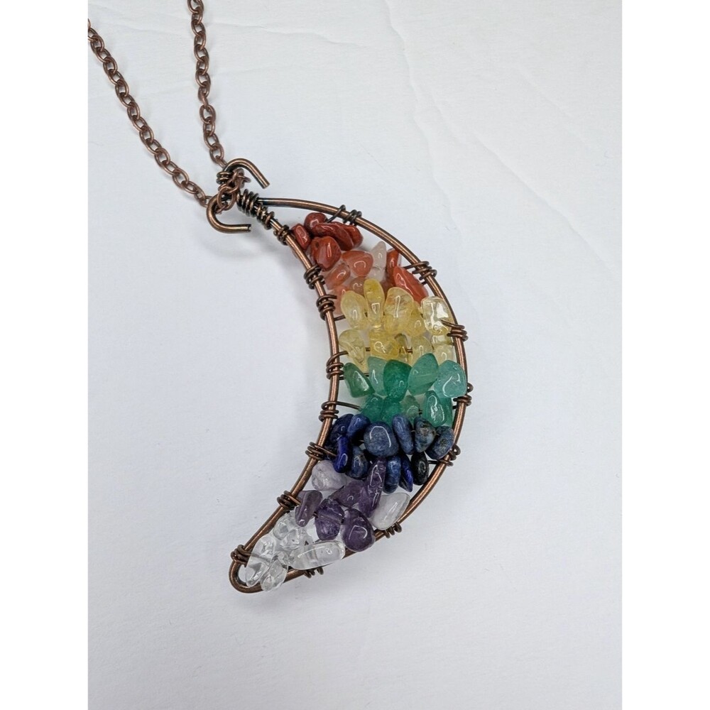 7 Chakra Crescent Moon Wire Wrapped Crystal Necklace Pendant